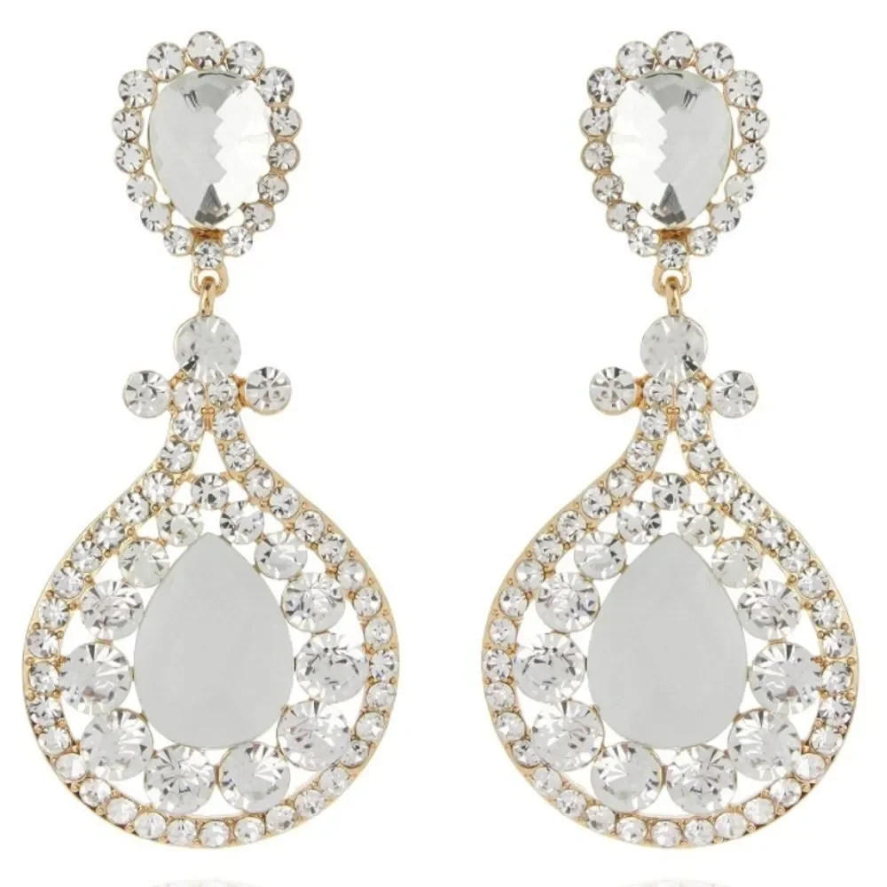 Yellow Gold with White Diamond Austrian Crystal Chandelier Clip On Earrings